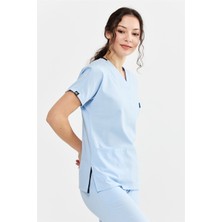 Ultralycra Spaniard - Likralı Doktor Hemşire Scrubs Tek Üst Cerrahi Forma (Kadın), Buz Mavi