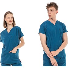 Ultralycra Basic - Likralı Doktor Hemşire Scrubs Tek Üst Cerrahi Forma (Unısex), Petrol Mavi