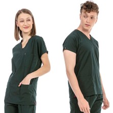 Ultralycra Basic - Likralı Doktor Hemşire Scrubs Tek Üst Cerrahi Forma (Unısex), Koyu Yeşil