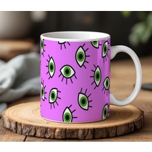 BB Design BB Desing Yeşil Gözlü Mor Desen Tasarımlı Beyaz Seramik Baskılı Kupa Bardak 330 ml