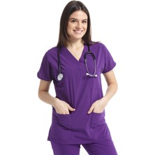 Ultralycra Spaniard - Likralı Doktor Hemşire Scrubs Tek Üst Cerrahi Forma (Kadın), Mor