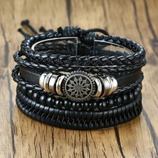 Fuhao Shop C NO.84108 Beden Erkekler Için Modyle ve Ayarlanabilir Deri Bileklikler Örme Siyah Kahverengi Bilezik Hayat Ağacı Yaprak Dümen Şans Bileziği Hediye (Yurt Dışından)