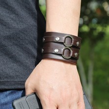 Fuhao Shop C NO.82340 Beden Modyle Yeni Moda Erkek Geniş Hakiki Deri Bilezik Kahverengi Geniş Kol Bilezikleri ve Bilezikler Vintage Punk Bileklik Erkek Takı (Yurt Dışından)