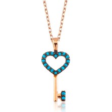 Gümüş Mavi Kalpli Anahtar Bayan Kolye