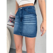 Eskitme Soluk Efekt Vintage Yüksek Bel Mini Denim Etek