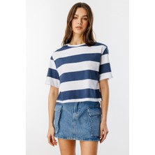 Boxy Fit Bisiklet Yaka Çizgili Basic Kısa Kollu Tişört Crop-Çizgili