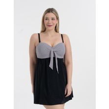 AQUAVİVA Kadın Büyük Beden Siyah Toparlayıcı Fiyonklu Elbise Mayo Petek Desen Gloria