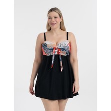 AQUAVİVA Kadın Büyük Beden Yaprak Desenli Toparlayıcı Fiyonklu Elbise Mayo Şık Tasarım