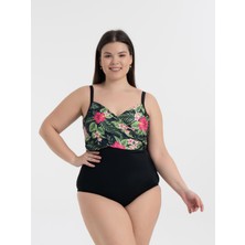 Aquaviva Kadın Büyük Beden Siyah  Menekşe Desen Brunella Balen Destekli  Mayo