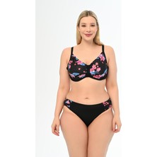 Aquaviva Kadın Büyük Beden Siyah Pembe Çiçek Desen Apollonia Yeni Toparlayıcı Bikini Takımı