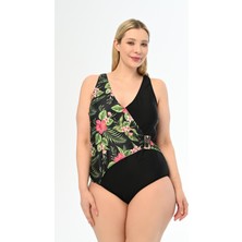 Aquaviva Kadın Büyük Beden Siyah Menekşe Desen Martina Kruvaze Mayo