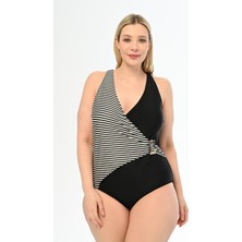 Aquaviva Kadın Büyük Beden Siyah Çizgili Martina Kruvaze  Mayo
