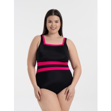Aquaviva Kadın Büyük Beden Siyah -Pembe Belinda Toparlayıcı Kare Yaka Mayo