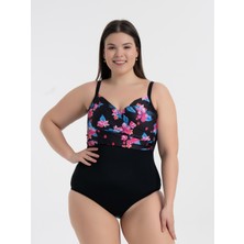 Aquaviva Kadın Büyük Beden Siyah Çiçek Desen Brunella Balen Destekli Mayo