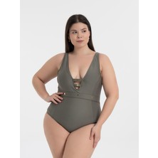 AQUAVİVA Kadın Haki Yeşil Büyük Beden Jenna Toparlayıcı V Yaka Kuşgözlü Mayo