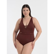 AQUAVİVA Kadın Kahverengi Büyük Beden Jenna Toparlayıcı V Yaka Kuşgözlü Mayo