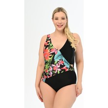 Aquaviva Kadın Büyük Beden Siyah Rüzgar Gülü Desen Martina Kruvaze Mayo