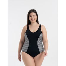 Aquaviva Kadın Siyah Ince Çizgili Büyük Beden Edna V Yaka Toparlayıcı Mayo