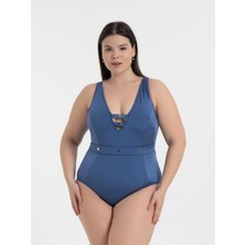 Aquaviva Kadın Indigo Büyük Beden Jenna Toparlayıcı V Yaka Kuşgözlü Mayo