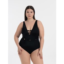 AQUAVİVA Kadın Siyah Büyük Beden Jenna Toparlayıcı V Yaka Kuşgözlü Mayo