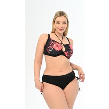 Aquaviva Kadın Büyük Beden Siyah Pembe Gül Desen Diana Toparlayıcı Sürgülü Bikini Takımı