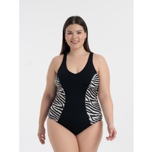 Aquaviva Kadın Siyah Zebra Desen Büyük Beden Edna V Yaka Toparlayıcı Mayo