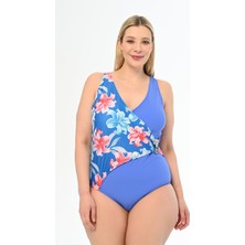 Aquaviva Kadın Büyük Beden Mavi Çiçek Desen Martina Kruvaze Mayo