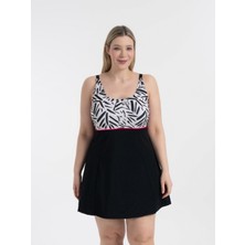 Aquaviva Kadın Büyük Beden  Siyah Batik Desen Toparlayıcı Ara Biyeli Ayar Askılı Şık  Elbise Mayo