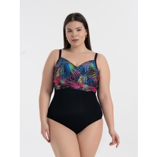 Aquaviva Kadın Büyük Beden Siyah Palmiye Desen Brunella Balen Destekli Mayo