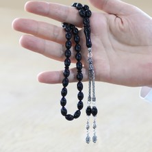 Tesbihane 925 Ayar Gümüş Çift Püsküllü Arpa Kesim Siyah Sıkma Kehribar Tesbih