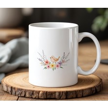 BB Design BB Desing Kuş Tasarımlı Beyaz Seramik Baskılı Kupa Bardak 330 ml