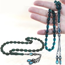 Tesbihane 1000 Ayar Gümüş Kazaz Püsküllü Arpa Kesim Su Mavisi Ateş Kehribar Tesbih