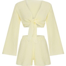 Pötikareli Sarı Crop Top-Şort Takım