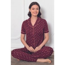 Intensive Collection Kadın Bordo Desenli Pembe Biyeli Kısa Kollu Pijama Takımı