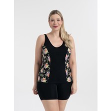 Aquaviva Kadın Büyük Beden Siyah Leylak  Desen Pamela V Yaka Şortlu Tankini