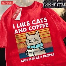 Tarzsokak Kediler ve Kahve Severim Erkek Kadın T-Shirt Pamuklu Tişört Elbise Hip Hop Bol Tişört Moda Bi