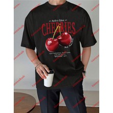 Tarz Sokak Red Cherries Baskılı Oversize  Tshirt Siyah