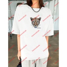 Tarz Sokak Leopar Stay Wild Baskılı Oversize  Yıkamalı Tshirt Beyaz