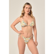 Aquaviva Kadın Beyaz Yaprak Desen Üçgen Slip Büzgülü Brazılıan Bikini Takımı