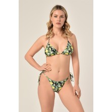 Aquaviva Kadın Yeşil Limon Desen Üçgen Slip Büzgülü Brazılıan Bikini Takımı