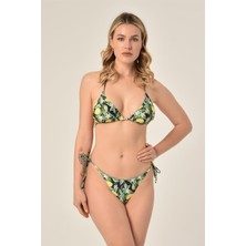 Aquaviva Kadın Yeşil Limon Desen Üçgen Slip Büzgülü Brazılıan Bikini Takımı