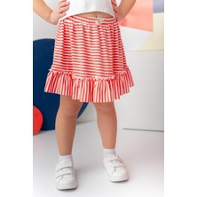 Kız Çocuk Penye Fırfırlı Çizgili Etek - Coral Çizgili
