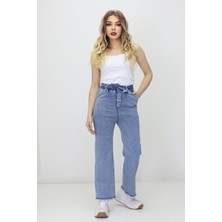 Kadın Yüksek Bel Beli Lastikli Püskül Paça Kot Tayt