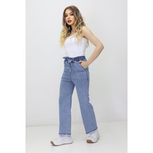 Kadın Yüksek Bel Beli Lastikli Püskül Paça Kot Tayt