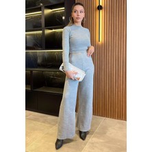 Gülseli Fitilli Crop Triko Bluz Pantolon Ikili Takım (S-M Beden Uyumludur)