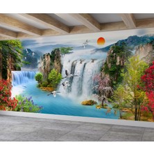 Dreamwall 3D Duvar Kağıdı Çiçekler, Şelale ve Gün Manzarası 260 cm Kolay Uygulama ile