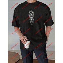 Tarz Sokak Geometrik Desen Baskılı  Oversize  Yıkamalı Tshirt Siyah