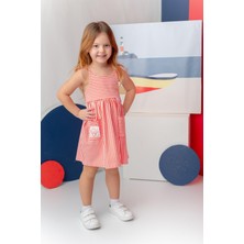 Kız Çocuk Askılı Çizgili Penye Elbise - Coral Çizgili