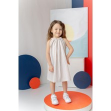 Kız Çocuk Çizgili Arkası Fiyonklu Gofre Elbise - Taş Çizgili