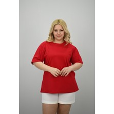 Kadın Büyük Beden Kısa Kollu Bisiklet Yaka Oversize T-Shirt 1963-25